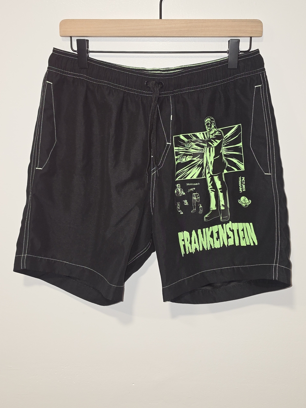 Frankenstein Graphic Universal Monsters Black & Neon Green Lined Swim Trunk SZ S